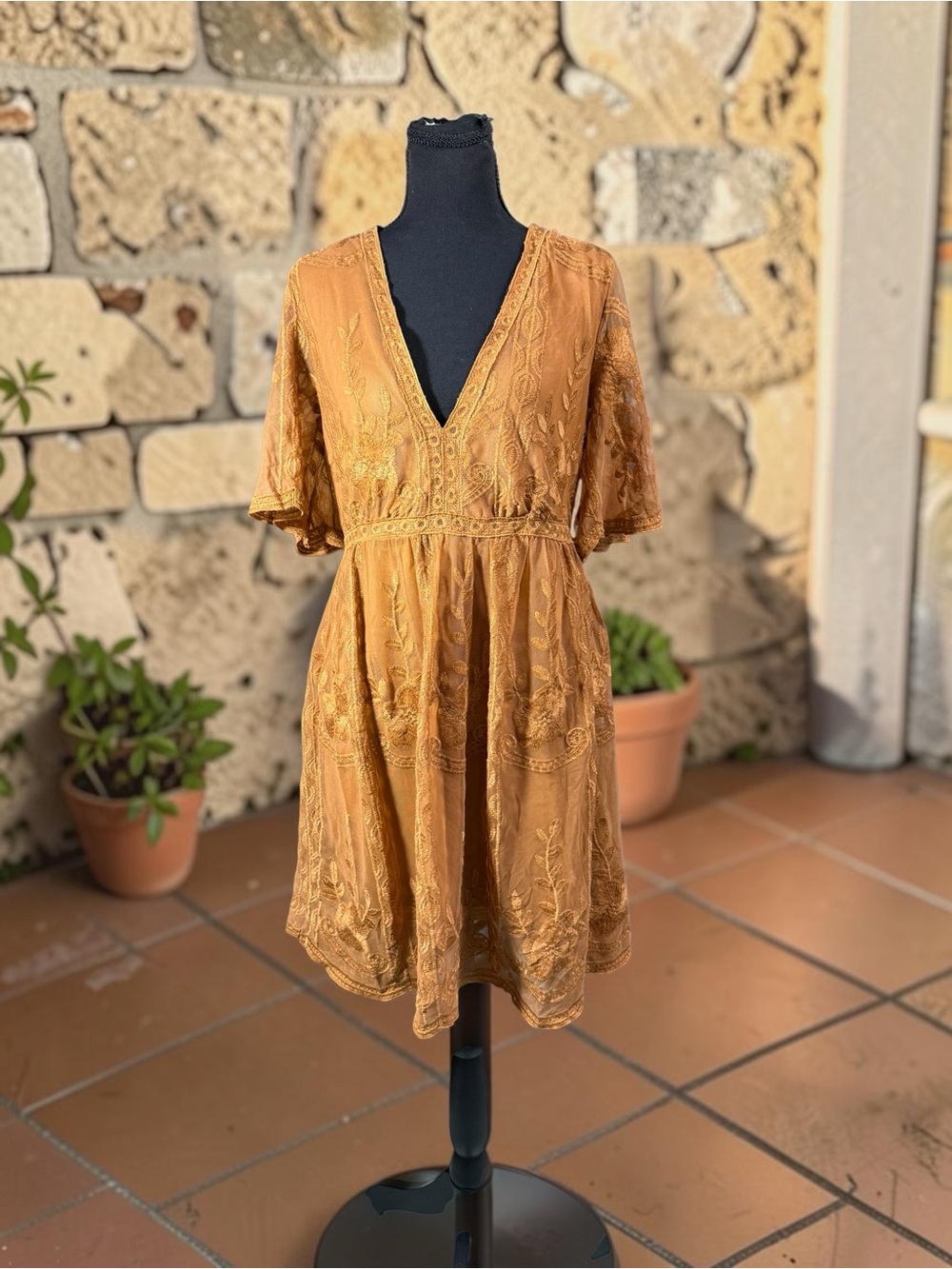 Bohemian Lace Embroidered Dress in Mustard large
